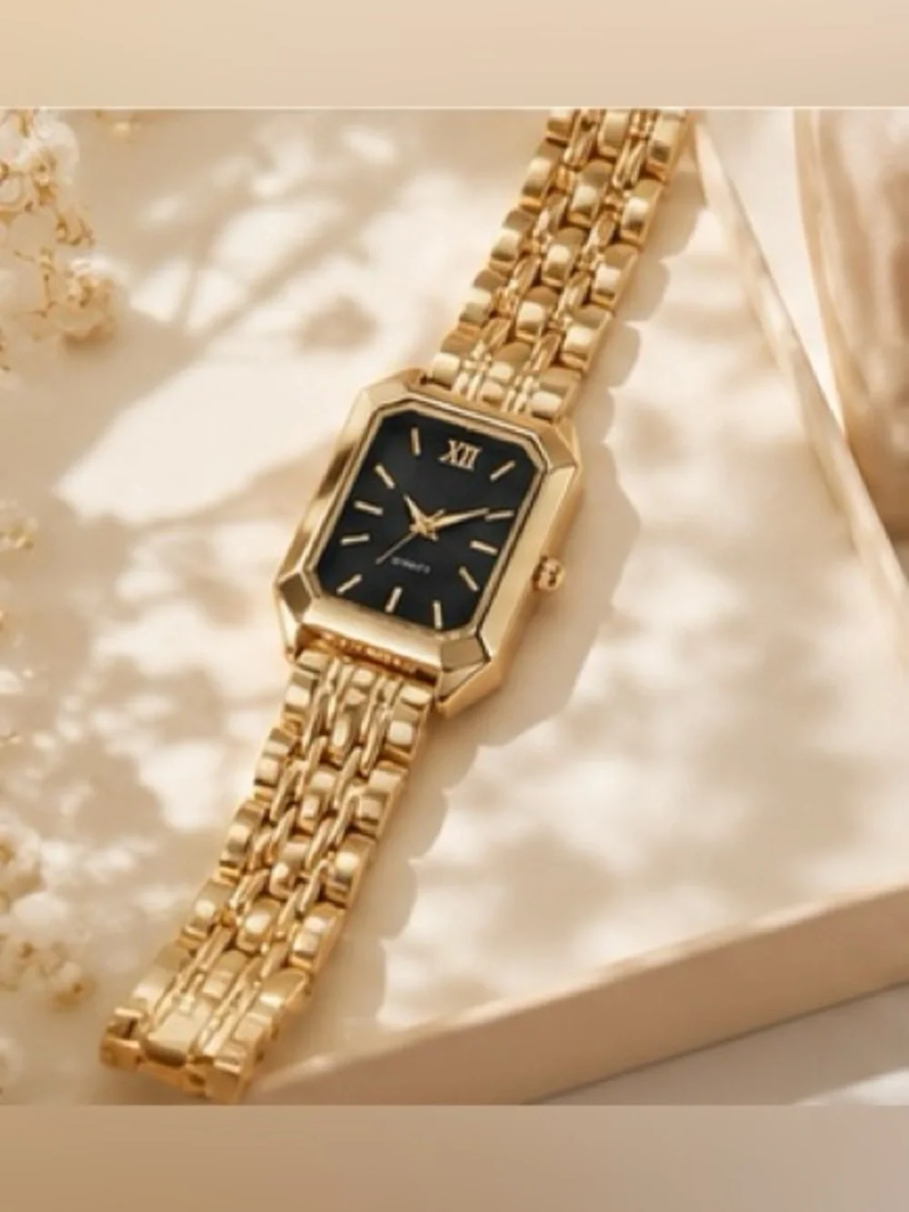 Vintage Gold Rectangle Watch | Minimalist Black Dial Quartz Wristwatch